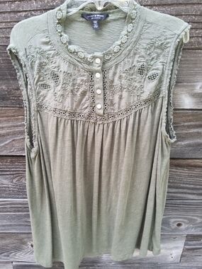 Lucky Brand Olive Embroidered Crochet Trim Sleeveless Top Size XL